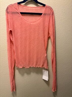 Marine Serre Coral Pink Long Sleeve Scoop Neck Mesh Top